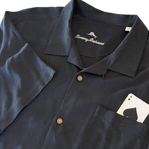 Tommy Bahama Shirt Mens XXL Black Short Sleeve Button Up Tropical Aces 100% Silk